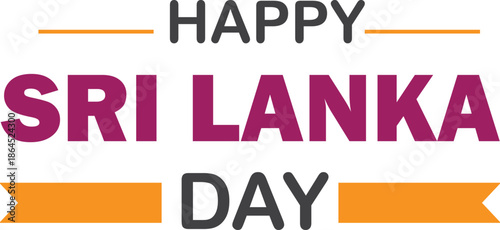 A graphic design celebrating Sri Lanka Day with "Happy Sri Lanka Day" text in purple, grey, and gold colors, featuring decorative lines and banners.