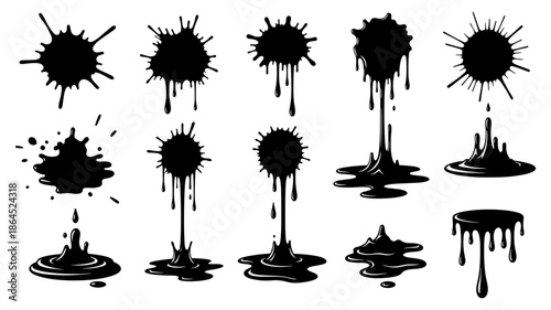 A dynamic collection of black ink splatters and drips, showcasing various liquid paint effects and abstract stain shapes.