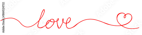 Red handwritten love lettering with continuous flowing line forming a heart isolated on white background perfect for Valentine’s Day romantic designs and modern branding.