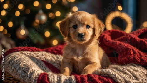 Golden Retriever Puppy Nestled on Cozy Christmas Blanket, Cute Dog in Festive Holiday Setting with Bokeh Christmas Tree Lights