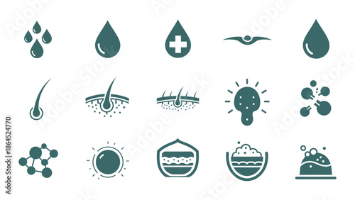 A collection of cosmetic, skin care, and hair care icons representing product benefits