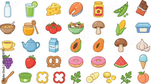 Food flat icon set, healthy nutrition ingredients, fruits vegetables dairy meat, cooking meals, balanced diet, colorful vector illustration design icons