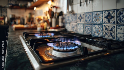 Two gas burners ablaze on a kitchen stove