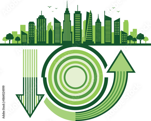 Green sustainable city infographic with recycling arrows, eco friendly urban skyline, circular economy concept, environmental growth, renewable future vector illustration