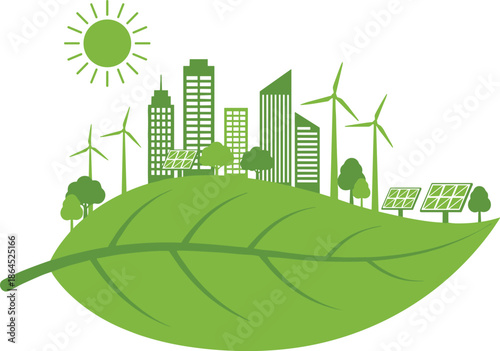 Green eco city on leaf illustration, sustainable urban environment concept, renewable solar wind energy, nature friendly cityscape design
