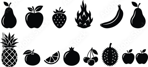 Black fruit silhouette icon set, apple banana strawberry pineapple pear symbols, minimalist food illustration for logos, apps, packaging, branding, marketing