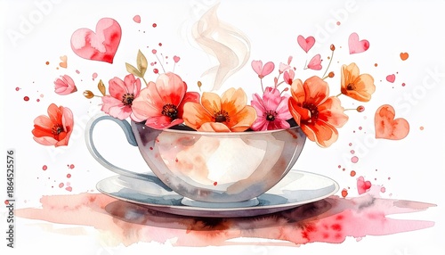 Watercolor teacup overflowing with colorful flowers, steam, and floating hearts