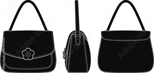A detailed illustration showcases three views of a classic black handbag with floral detail