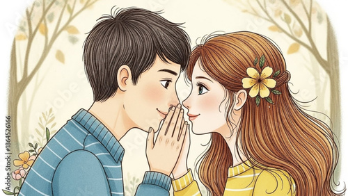 A man and woman sharing a secret in a romantic outdoor setting with flowers