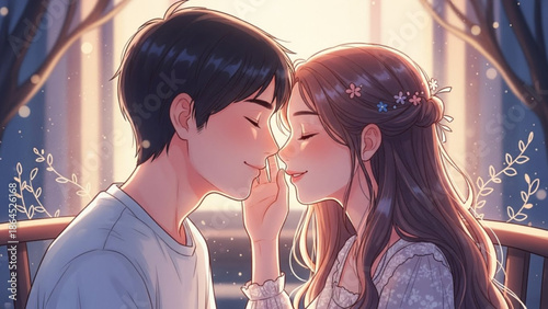 Tender moment of young couple sharing intimate whisper, soft sunlight background