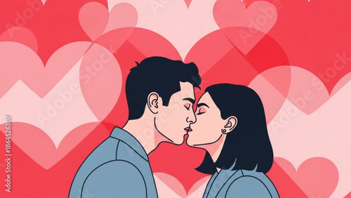 Couple sharing a romantic kiss with hearts in the background, love and affection