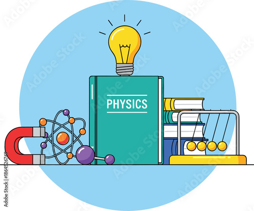 Physics science education concept vector illustration with textbook light bulb atom model magnet and newtons cradle for school learning