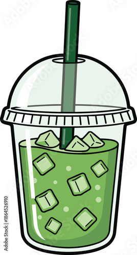 Green iced smoothie drink in plastic cup, refreshing healthy beverage illustration, cold summer juice icon design concept graphic