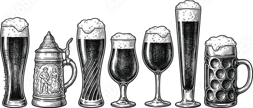 Vintage beer glassware collection illustration, hand drawn engraved alcohol drink mugs and glasses set, brewery bar design elements