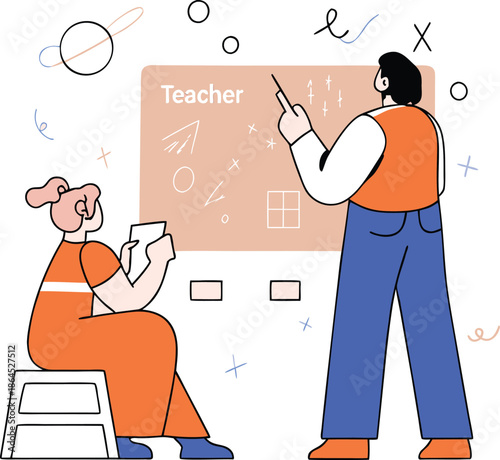 Educational illustration showing teacher and student interacting in classroom setting