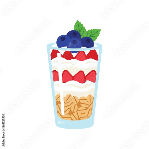 Ramadan parfait dessert vector with berries, yogurt, granola in glass, healthy food illustration