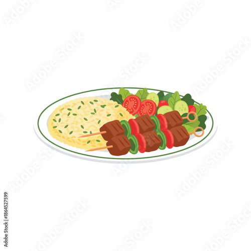 Ramadan food vector illustration with kebab, salad, and flatbread on plate