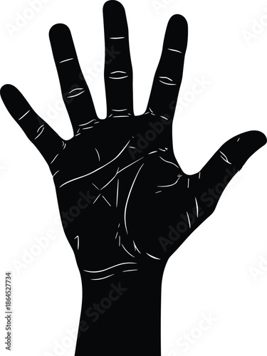 Black human hand silhouette vector illustration with open palm and five fingers, detailed anatomical skin lines for palmistry, greeting, and high five concepts.