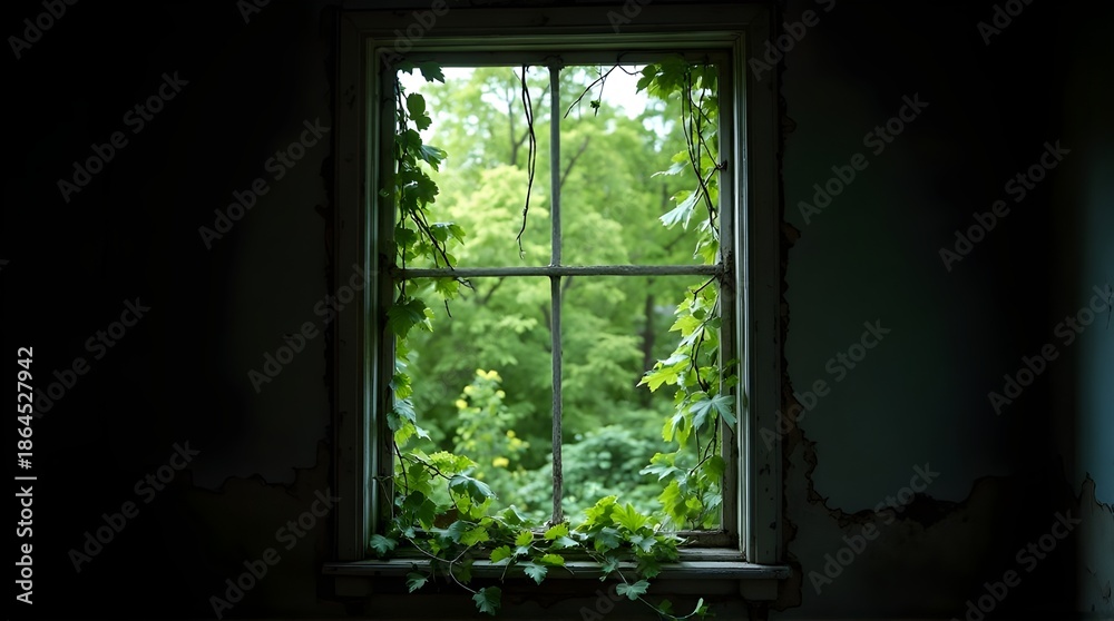 Fototapeta premium Abandoned room's window with vines growing through it