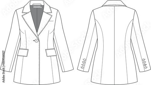 Technical fashion illustration displaying a classic women s blazer front and back views in black and white