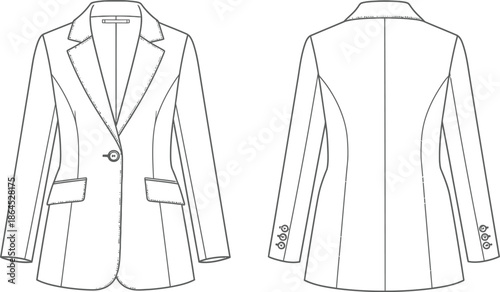 Technical flat sketch illustration of a classic women s blazer front and back views shown