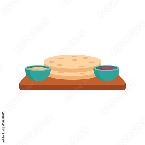 Ramadan food vector flat illustration with bread and sauces on wooden board