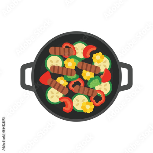 Ramadan food vector illustration with grilled meat and vegetables in pan