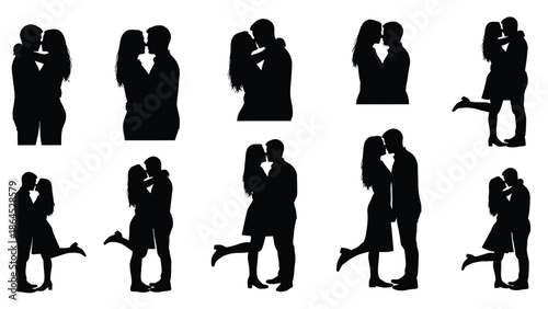 Couple kissing silhouette collection on white background