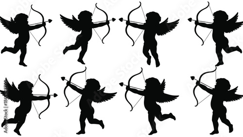 Collection of silhouette cupid with bow and arrow flying in air