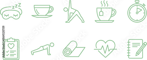 Healthy daily routine line icon set, sleep, tea break, yoga exercise, time management, self care, wellness lifestyle illustration