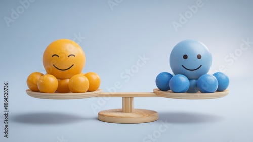 Whimsical illustration of two smiling octopus-like characters balanced on a scale, one orange and one blue, representing balance