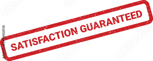 Textured rubber stamp impression showing SATISFACTION GUARANTEED within a rectangular border, conveying a strong promise