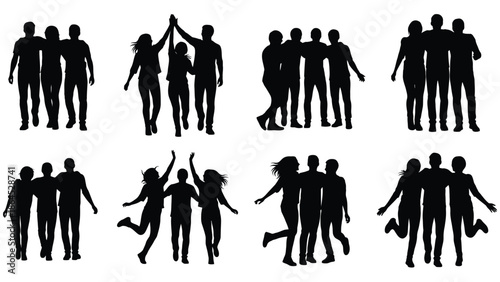 Collection of silhouettes of people walking and dancing together