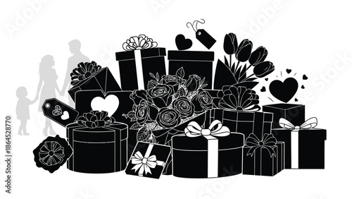 Couple holding hands with gift boxes and flowers