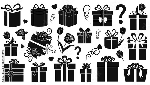 Collection of black gift boxes with ribbon and flowers