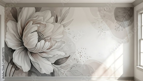 Large Scale Monochrome Peony Flower Wall Mural in Neutral Beige and Sepia Tones for Empty Room Interior