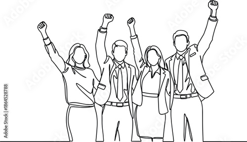 Successful business team raising fists in celebration of victory and achievement minimalist continuous line art vector illustration isolated
