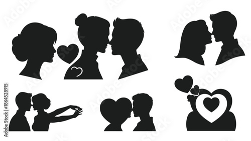 Couple silhouette kissing with heart symbol in vector illustration