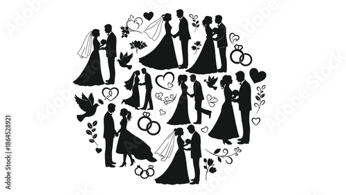 Collection of silhouette wedding couple with heart and ring