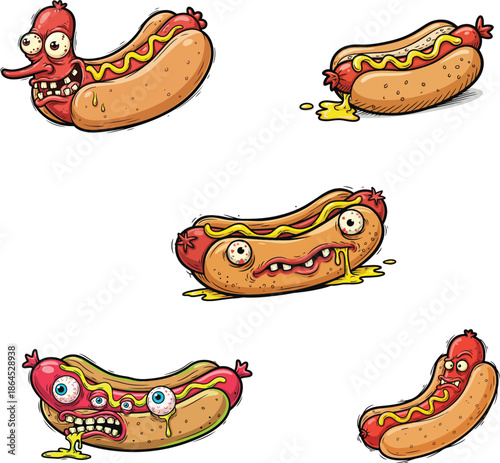 Expressive and bizarre hot dog illustrations, a set of comical and slightly monstrous food characters with dripping sauces, perfect for quirky food themes