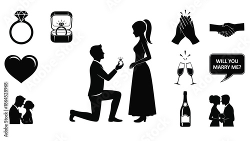 Man proposing to woman with various wedding icons