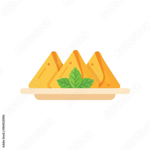 Ramadan food vector illustration of samosas on plate, traditional iftar snack