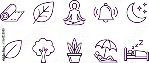Mindfulness and relaxation line icon set, meditation, nature elements, sleep, calm routine, wellness lifestyle illustration design