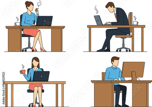 Set of professional office workers and freelancers working on laptops and computers at desks with coffee flat vector