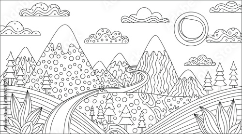 Intricate mountain landscape coloring page with stylized clouds sun and winding road in black and white line art