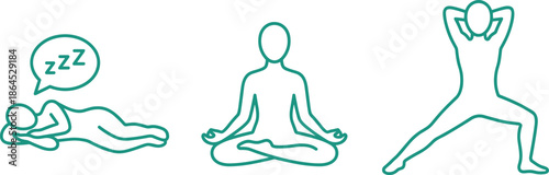 Sleep, meditation and yoga pose icons, relaxation, mindfulness practice, healthy rest, flexibility exercise, wellness routine illustration