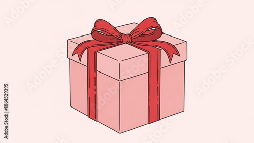 A pink gift box wrapped with a red ribbon and bow on top, isolated on a light pink background, symbolizing love, appreciation, and celebration