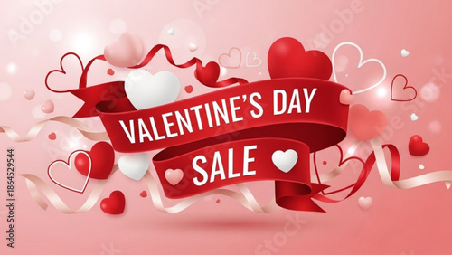 Valentine's day sale banner with red and white hearts, ribbons, and festive decorations on pink background, love and romance concept for advertising and marketing