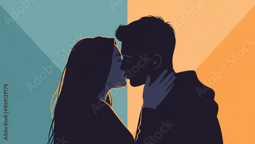 Romantic couple sharing intimate moment, love and affection, tender embrace, silhouette against colorful background with relationship goals and emotional connection