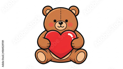 Cute brown teddy bear holding a big red heart, sitting on white background, valentine's day symbol, love and affection concept, cartoon style illustration